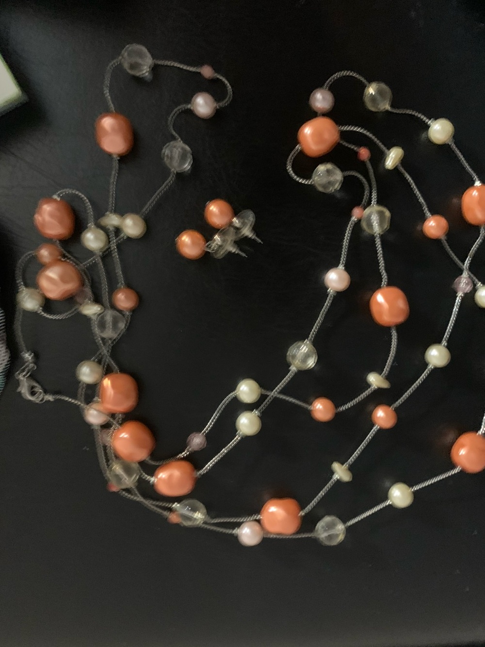 Elegant Multi-Strand Coral & faux Pearl Bead Necklace & pierced earrings